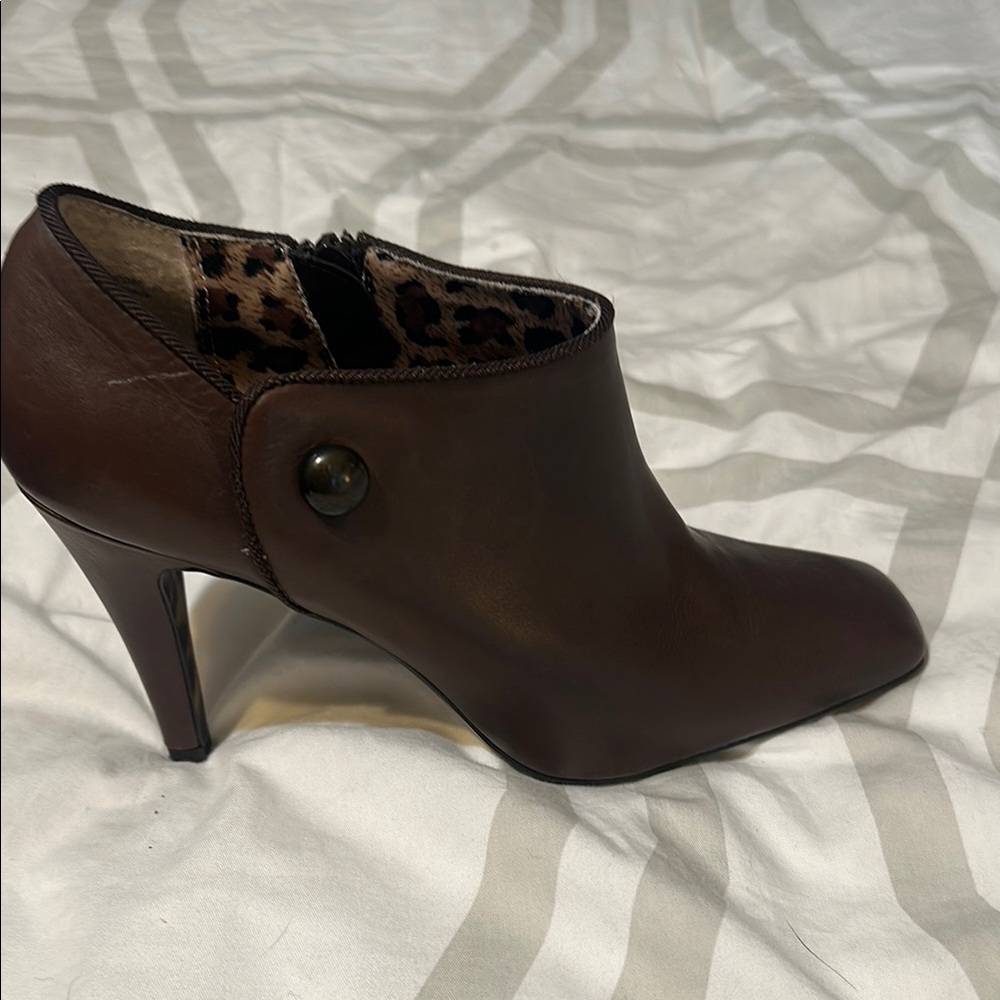 Alfani Brown Leather Pointed Toe Ankle Bootie with Leopard Liner